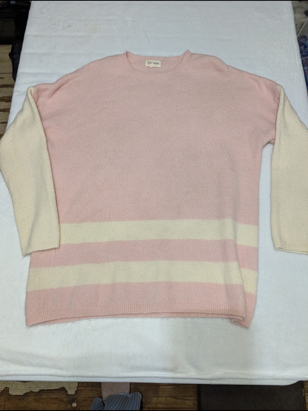Seven7 Pink and Cream Striped Crewneck Sweater Size Large